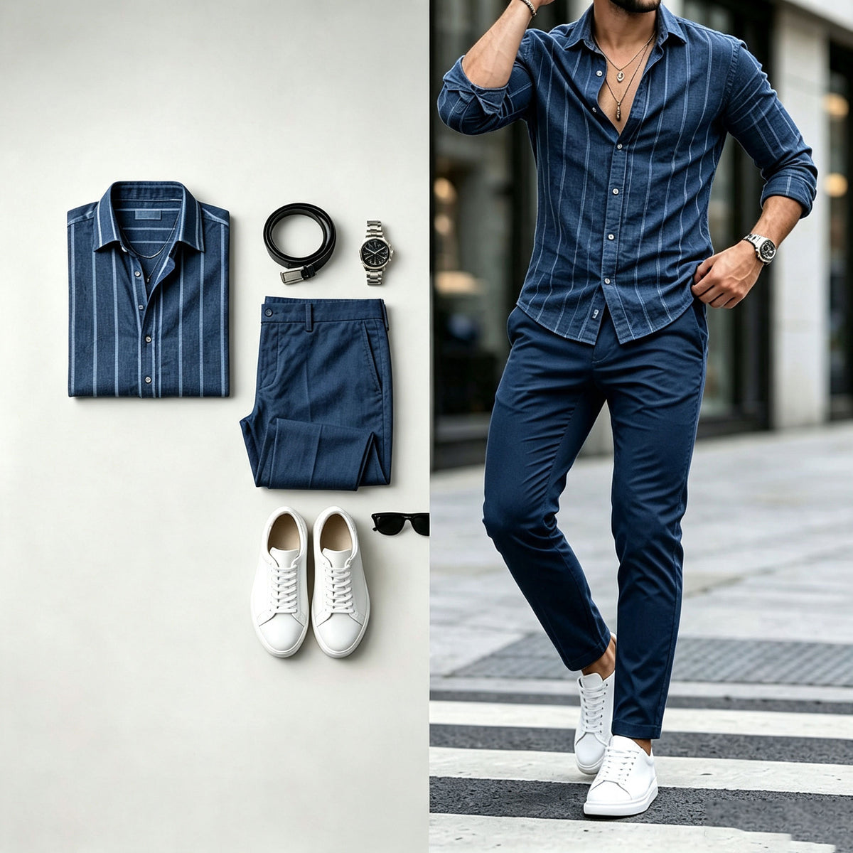 Men's Striped Print Long-Sleeve Shirt and Pants Set