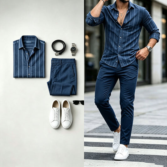 Men's Striped Print Long-Sleeve Shirt and Pants Set