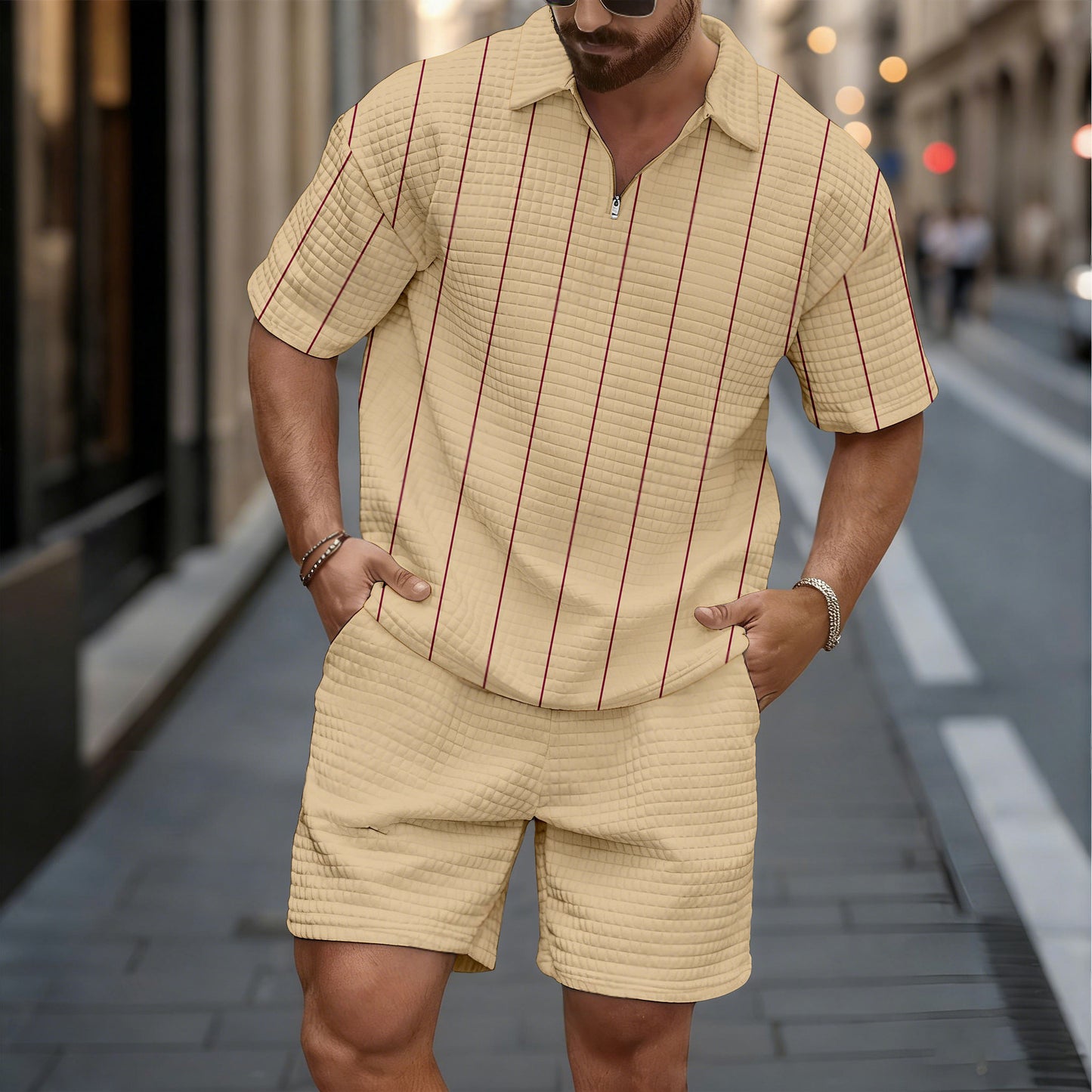 Men's Casual Beige Vertical Striped Pinted Short-Sleeved Shirt And Shorts Two-Piece Set