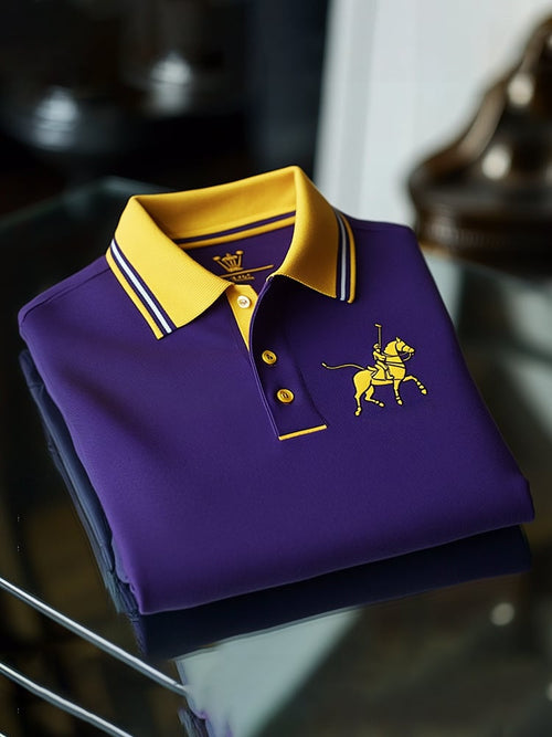 Men's Classic Business Check Logo Button Short Sleeve Polo Shirt