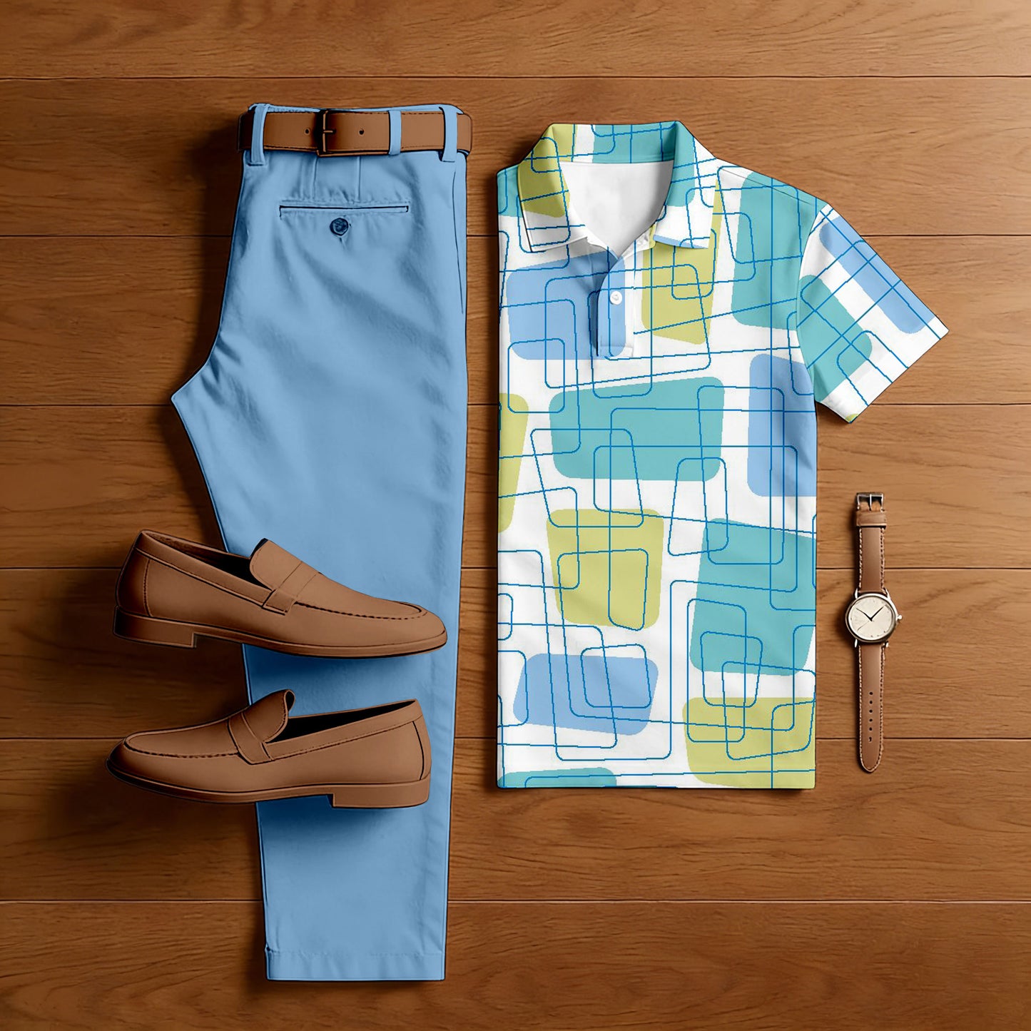 Men's Casual Blue & Multi Color Matching Geometric Printed Short Sleeved Polo Shirt & Trousers Two-Piece Set