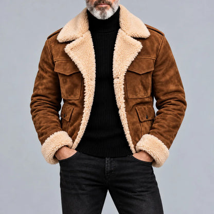 Men's Army Green Suede Multi-Pocket Lapel Collar Single Breasted Thickened Warm Jacket