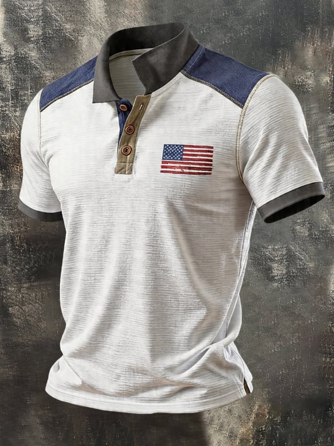 Men's Retro Patriotic Color-Block Short-Sleeve Polo Shirt