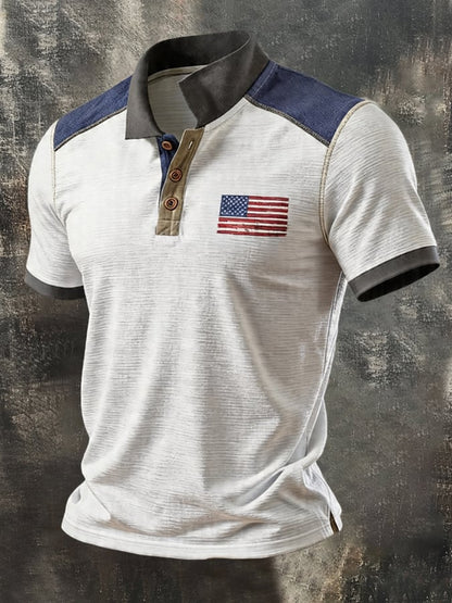 Men's Retro Patriotic Color-Block Short-Sleeve Polo Shirt