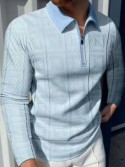 Men's Fashion Contrast Color Half Zip Long Sleeve Polo Shirt