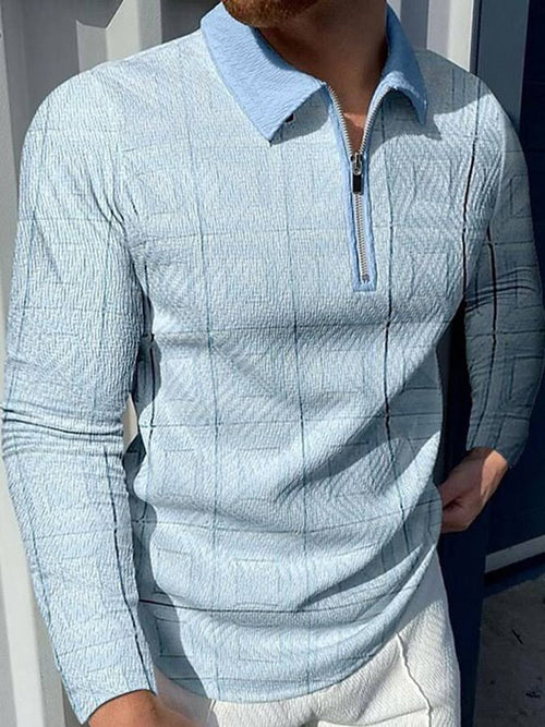 Men's Fashion Contrast Color Half Zip Long Sleeve Polo Shirt