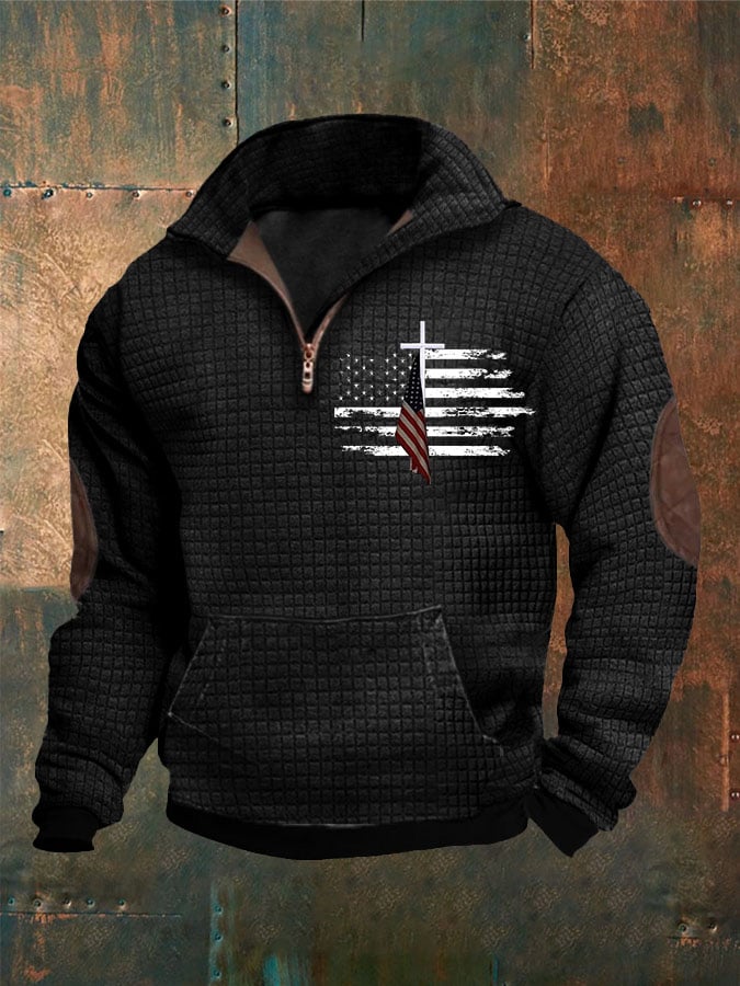 Men's Casual Zip Neck Waffle Faith Print Sweatshirt