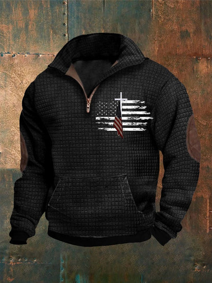 Men's Casual Zip Neck Waffle Faith Print Sweatshirt