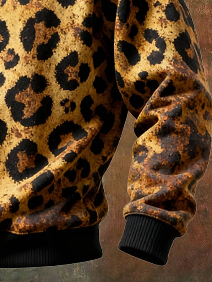 Men's Retro Leopard Print Casual Fur Collar Sweatshirt