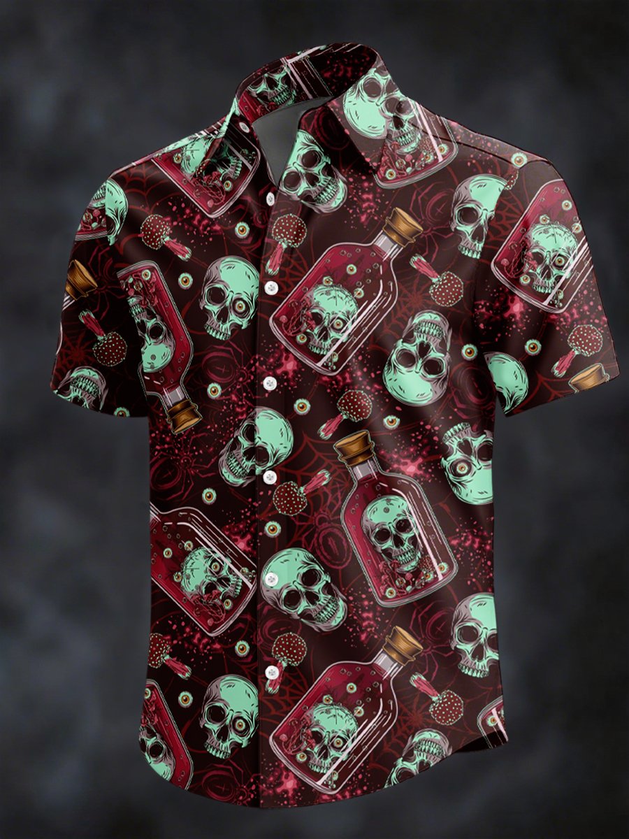 Men's Retro Horror Skull Print Lapel Short Sleeve Shirt