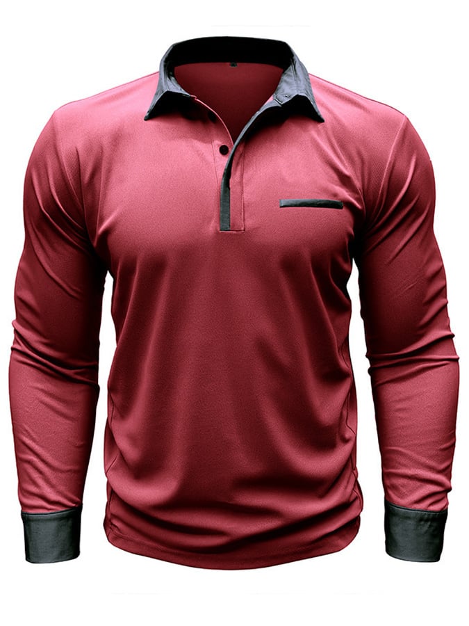 Men's Fashion Color Blocking Half Button Long Sleeve Polo Shirt