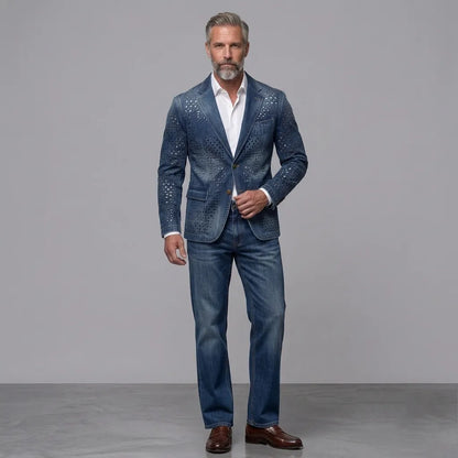 Men's Retro Distressed Denim Hollow Out Notch Lapel Single Breasted Blazer