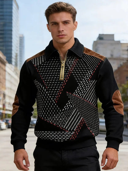 Men's Retro Color Block Print Color-Blocked Zip-Up Sweatshirt