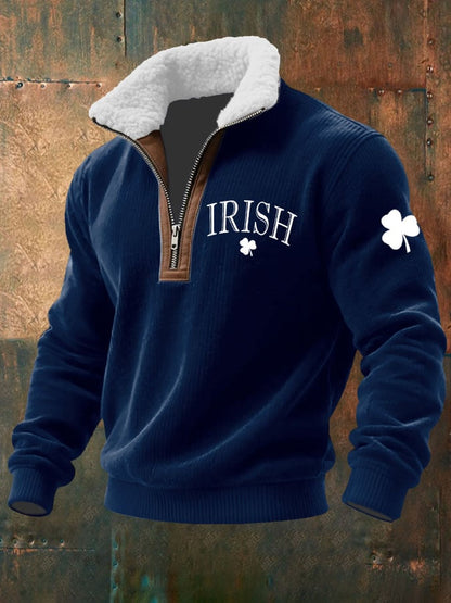 Men's St. Patrick's Day Printed Knitted Fabric Zipper Fur Collar Sweatshirt
