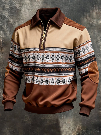 Men's Vintage Color-Block Printed Zip-Up Hoodie