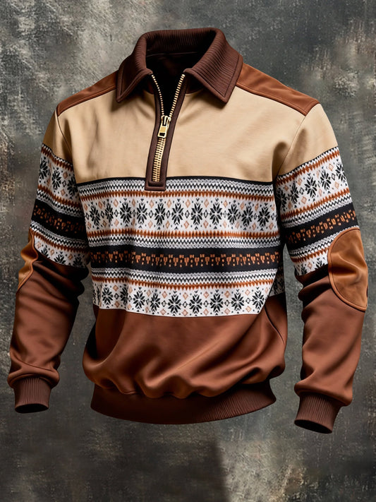 Men's Vintage Color-Block Printed Zip-Up Hoodie