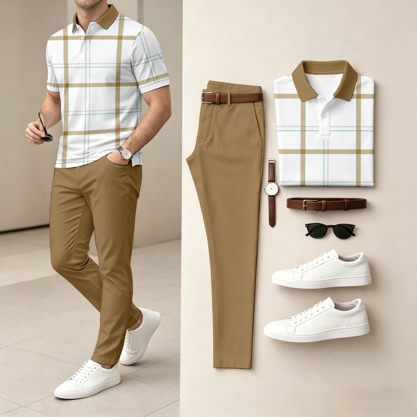 Men's Casual White Checkered Printed Polo Shirt And Pants Two-Piece Set