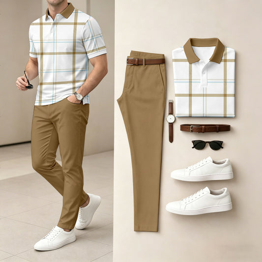 Men's Casual White Checkered Printed Polo Shirt And Pants Two-Piece Set