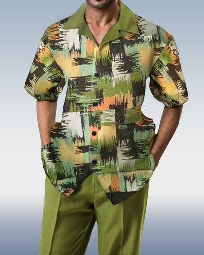 Textured Two-Piece Short Sleeve Printed Walking Pants