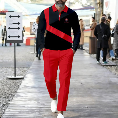 Men's Casual Color Matching Printed Polo-Collar Zipper Long Sleeved Trousers Two-Piece Set