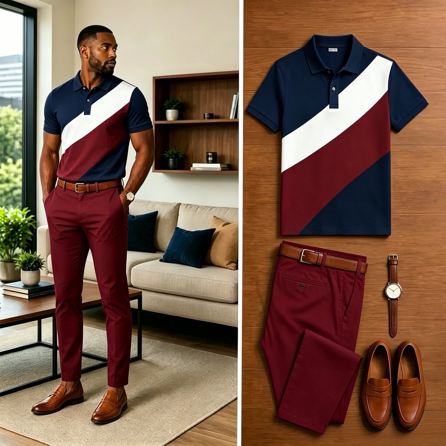 Men's Casual Striped Contrasting Printed Polo Shirt And Pants Two-Piece Set