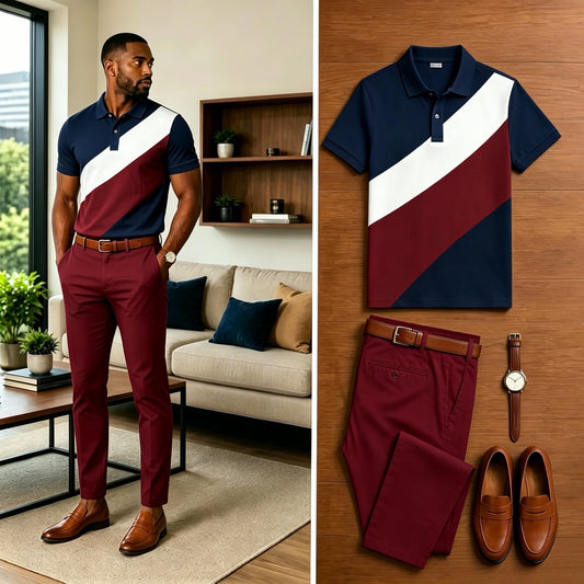 Men's Casual Striped Contrasting Printed Polo Shirt And Pants Two-Piece Set