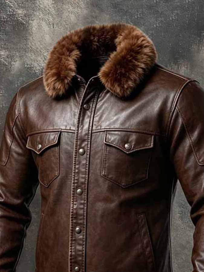 Men'S Vintage-Style Leather Western Shirt With Dual Pockets And Detachable Fur Collar