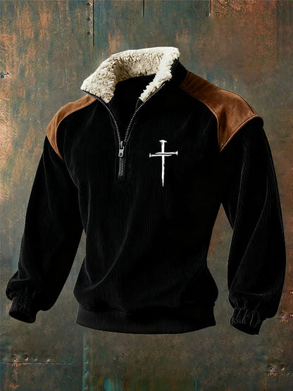 Men's Retro Faith Cross Print Zipper Fur Collar Long Sleeve Sweatshirt