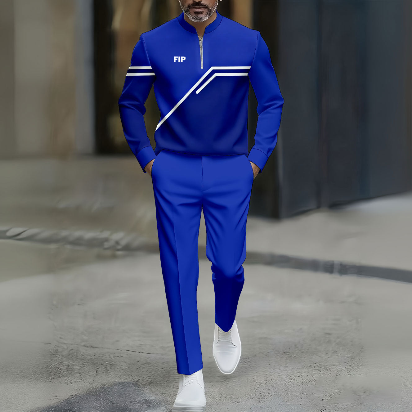 Men's Royal Blue Striped Printed Round-Neck Zipper Long Sleeved Trousers Two-Piece Set