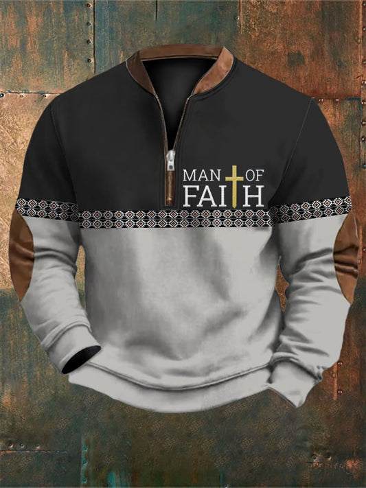 Men's Retro Western Style Faith Cross Print Zipper Neck Sweatshirt