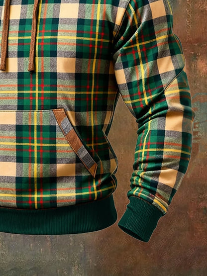 Men's Retro Plaid Contrast Color Hooded Sweatshirt