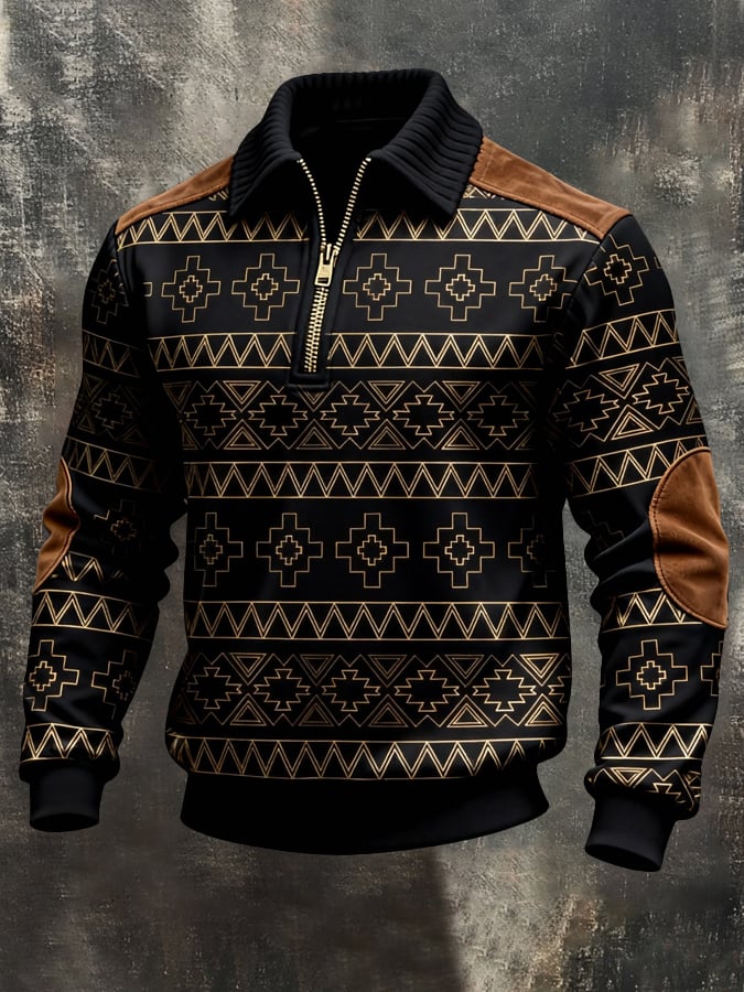 Men's Retro Color Block Print Color-Blocked Zip-Up Sweatshirt