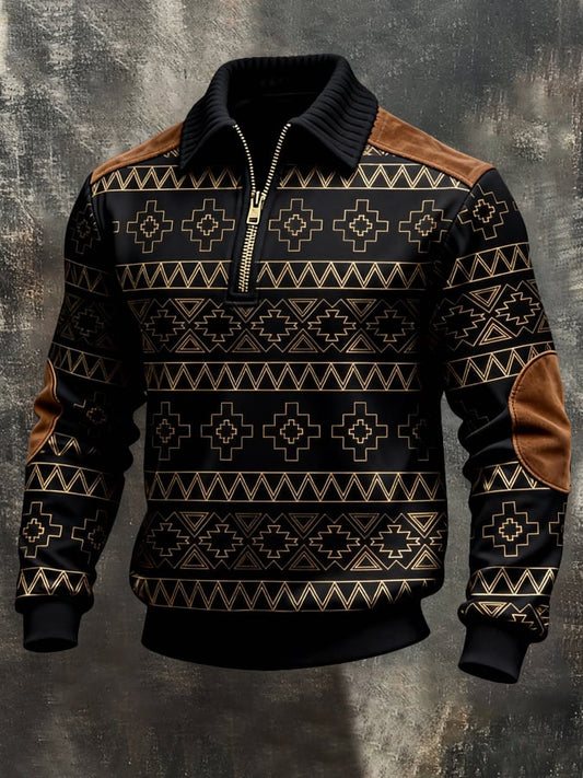 Men's Retro Color Block Print Color-Blocked Zip-Up Sweatshirt