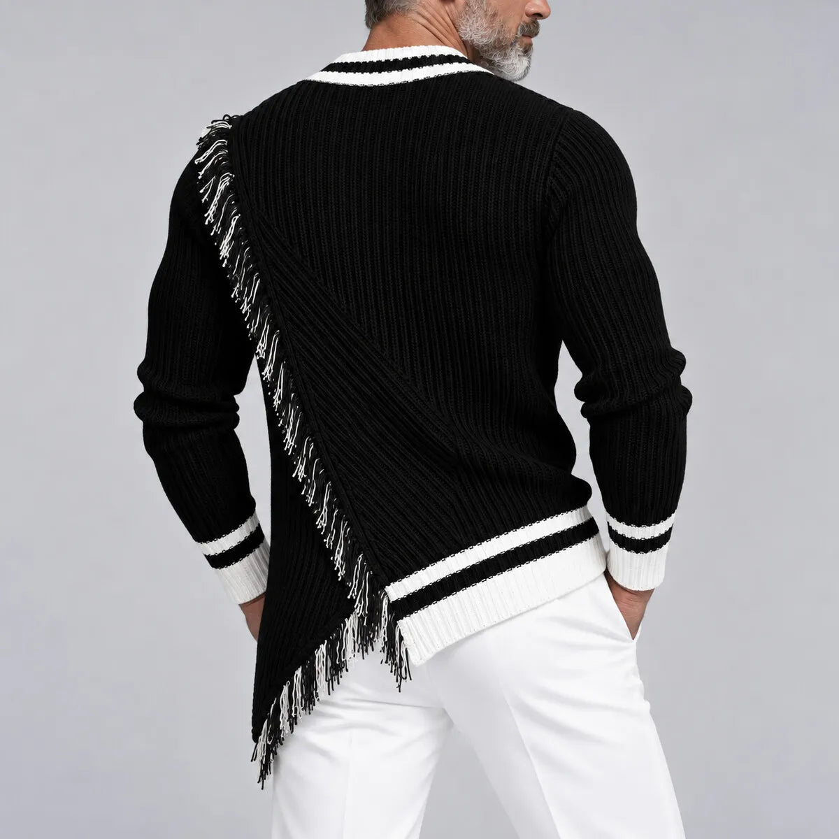 Men's Black V Neck Contrast Trim Fringe Asymmetrical Hem Ribbed Knit Sweater