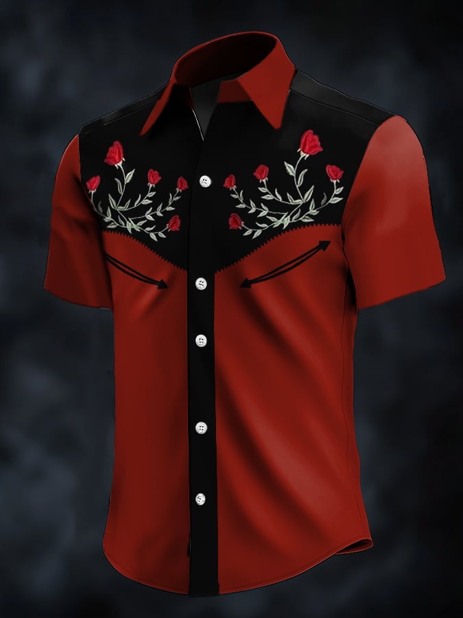 Men's Retro Western Contrast Print Short Sleeve Casual Shirt