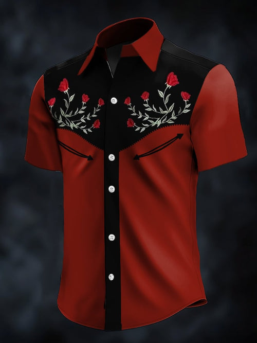 Men's Retro Western Contrast Print Short Sleeve Casual Shirt