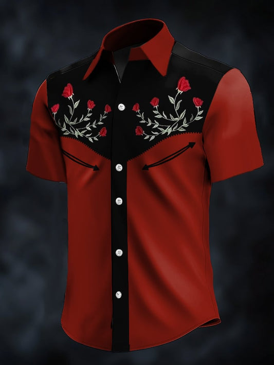 Men's Retro Western Contrast Print Short Sleeve Casual Shirt