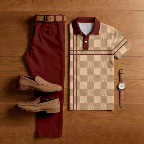 Men's Casual Maroon & Tan Color Matching Checkered Printed Short Sleeved Polo Shirt & Trousers Two-Piece Set