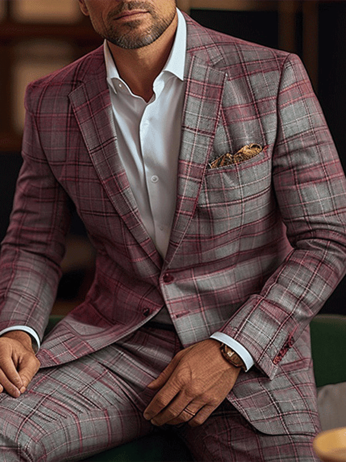 Men's Vintage Single-Breasted Plaid Gentleman's Business Suit Jacket