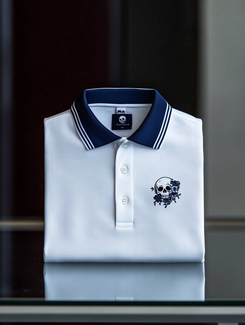 Men's Business Casual Skull and Floral Embroidered Button-Down Short-Sleeved Polo Shirt