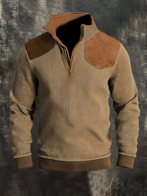 Men'S Casual Retro Contrast Color Stand Collar Long Sleeve Sweatshirt