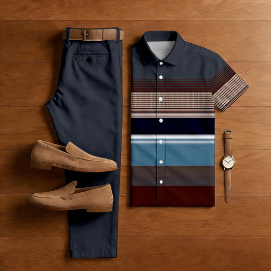 Men's Casual Navy Blue & Multi Color Matching Striped Print Short-Sleeve Shirt & Trousers Two-Piece Set