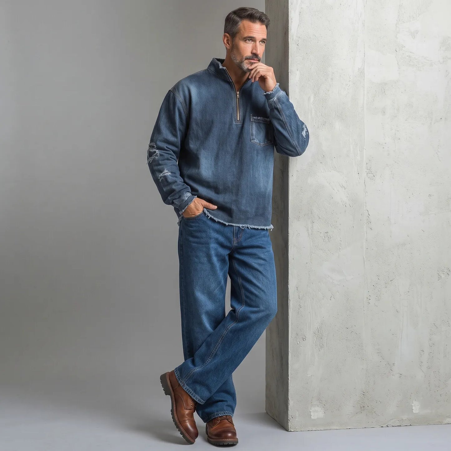Men's Vintage Stand Collar Half Zip Chest Pocket Frayed Hem Long Sleeve Pullover Denim Sweatshirt