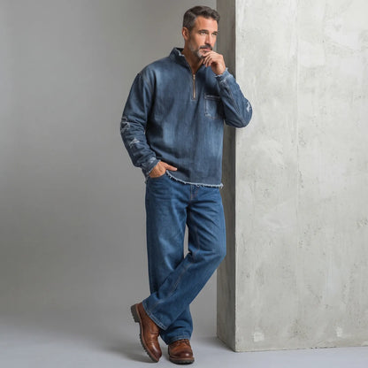 Men's Vintage Stand Collar Half Zip Chest Pocket Frayed Hem Long Sleeve Pullover Denim Sweatshirt