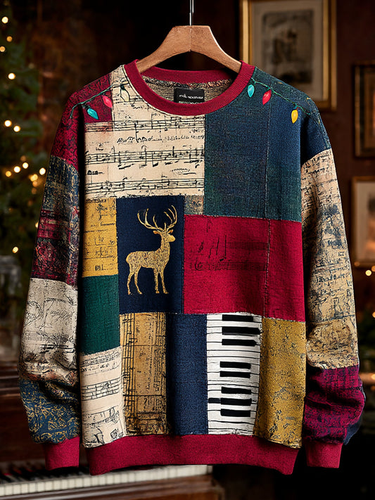 Men's Retro Casual Musical Note Christmas Party Art Sweatshirt