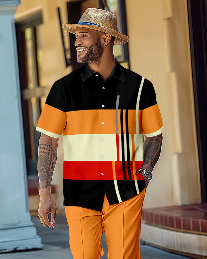 Men's Retro Colorblock Short Sleeve Shirt Walking Suit 1574