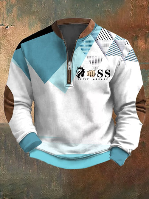 Men's Retro Letter Design Printed Casual Zipper Collar Long-Sleeved Sweatshirt