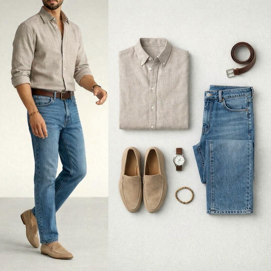 Men's Linen Blend 2 Piece Outfit Set ¨C Long Sleeve Shirt & Relaxed Pants
