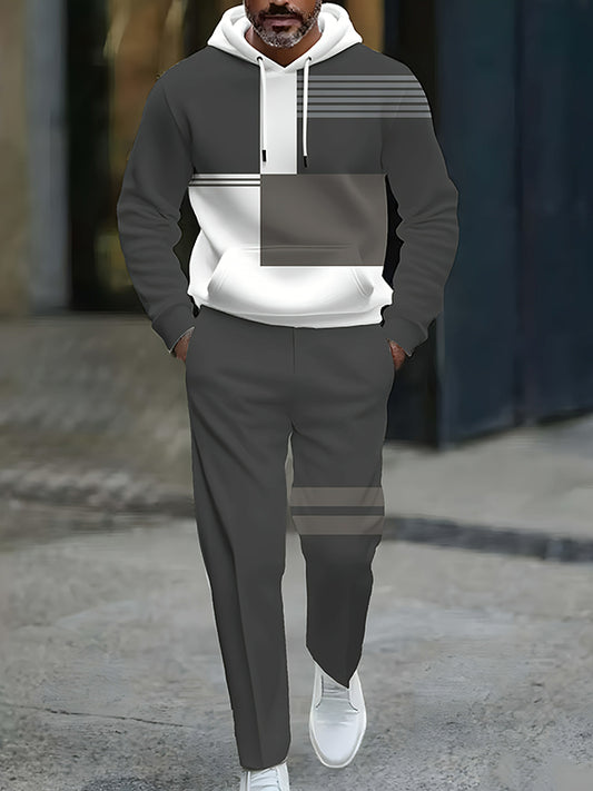 Men's Casual Gray & White Color Matching Geometric Printed Hooded Long Sleeved Trousers Two-Piece Set
