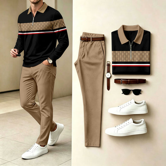 Men's Striped Polo-Collar Zipper Long-Sleeve Shirt and Pants Two-Piece Set